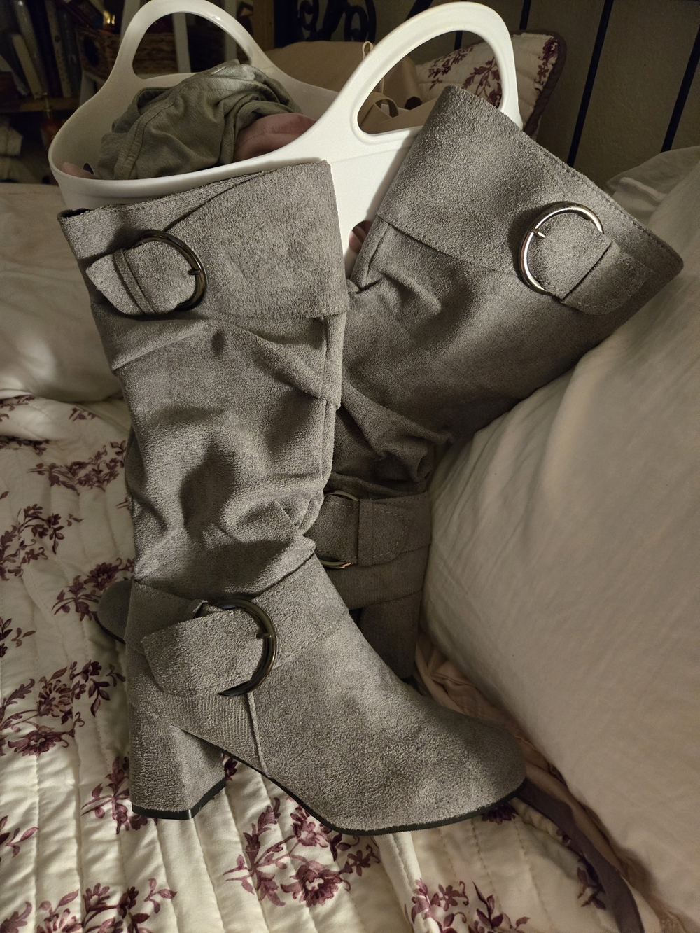 Gray Suede Mid-Calf Heeled Boots with Buckle Detail - Women